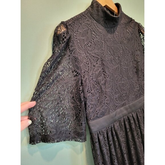 NWOT Black Stretch Lace Short Sleeve Dark Cottagecore Whimsygoth Midi Dress S/M - Picture 3 of 7